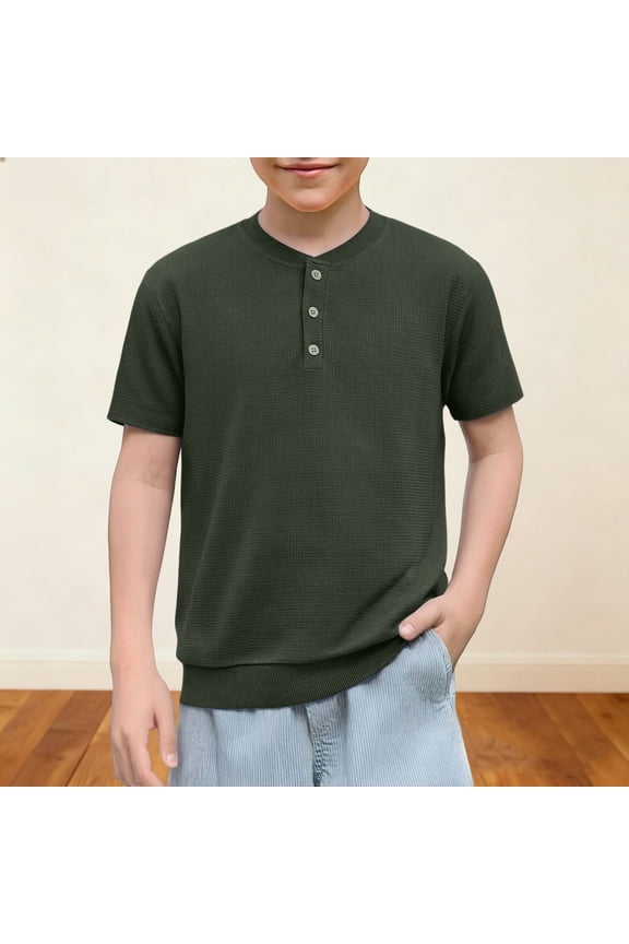 Boys Waffle Knit Casual Short Sleeve Round Neck Top Solid Color Breathable Soft Summer T-Shirt Army Green 7 Years Gifts for Father