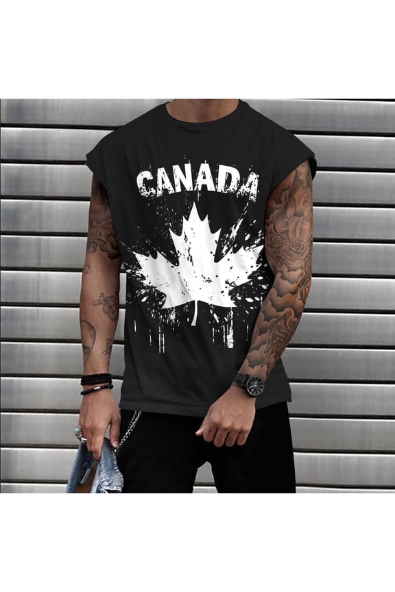 Breathable Stretch Men's Loose Fit Crew Neck Canada Maple Leaf Print Tank Top Gift
