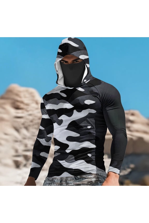 Camouflage Print Hooded Top Men's Slim Fit Long Sleeve UV Protective Face Mask Shirt Gray M Gifts