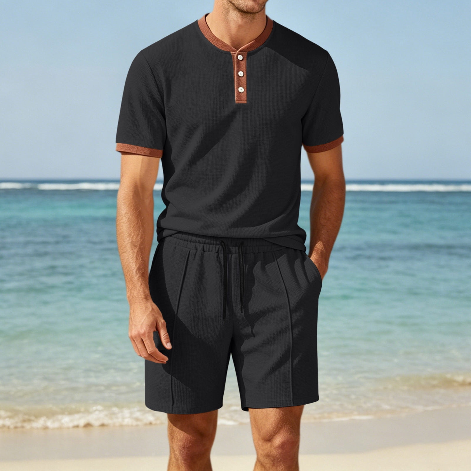 Ceisia Contrast Collar Waffle Knit Polo Tee And Elastic Pocket