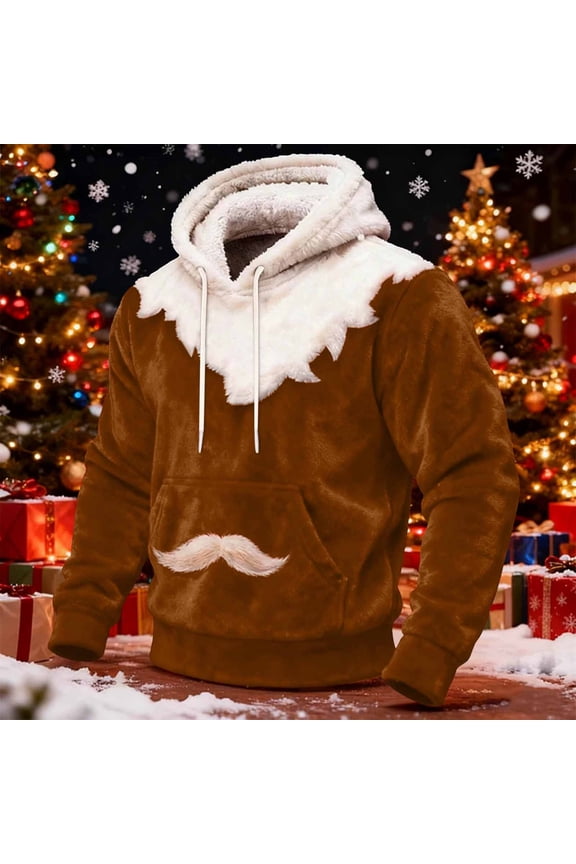 Cozy Fleece-Lined Mens Loose Fit Santa Style Color Block Hooded Sweatshirt Gifts