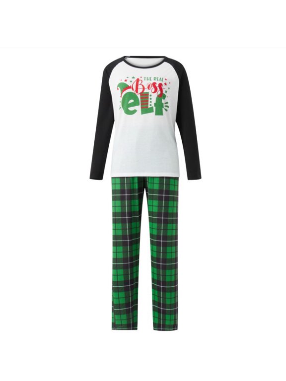 Family Matching Christmas Pajamas Raglan Long Sleeve The Boss Elf Letter Graphic Green Buffalo Plaid Sleepwear Loungewear for Men Women Kids Baby Infant Gift
