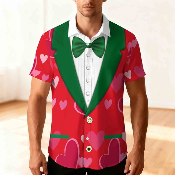 Unisex Relaxed Short-Sleeve Heart Print Couple Shirt Valentine's Day Gift Turn-Down Collar Summer Casual Multi-Color