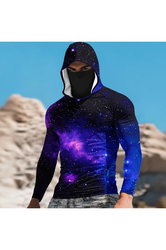 Galaxy Print Hooded Top Men's Slim Fit Long Sleeve UV Protective Face Mask Shirt Blue XXXXXL Gifts