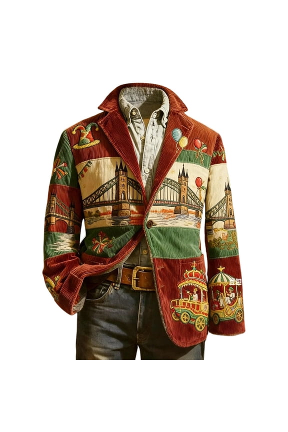 Gentleman's Holiday Long-Sleeve Suit Tuxedo 24-Styles Available for Men | Carnival Corduroy Printed Blazer Stretch Cotton Button-Up Party Coat Gift