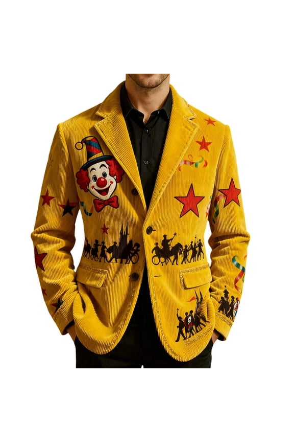 Gentleman's Holiday Long-Sleeve Suit Tuxedo 24-Styles Available for Men | Carnival Mustard Corduroy Clown Embroidery Blazer Stretch Cotton Circus Motif Party Coat Gift