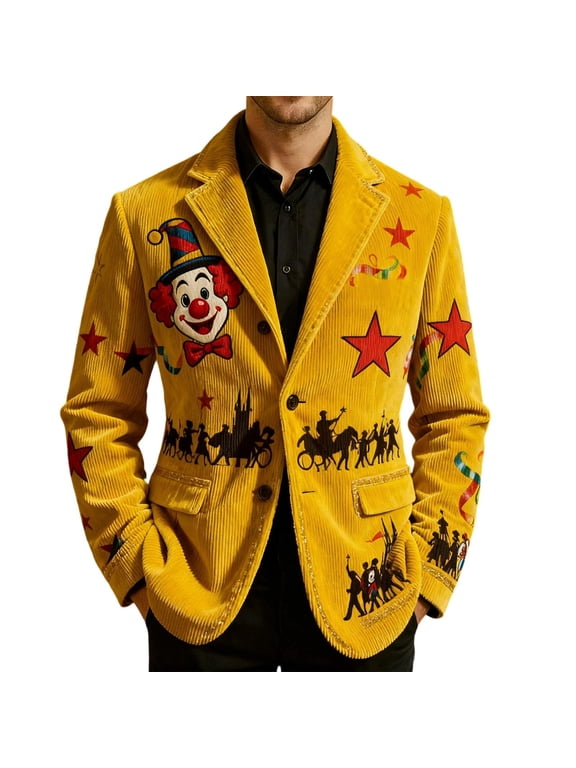 Gentleman's Holiday Long-Sleeve Suit Tuxedo 24-Styles Available for Men | Carnival Mustard Corduroy Clown Embroidery Blazer Stretch Cotton Circus Motif Party Coat Gift
