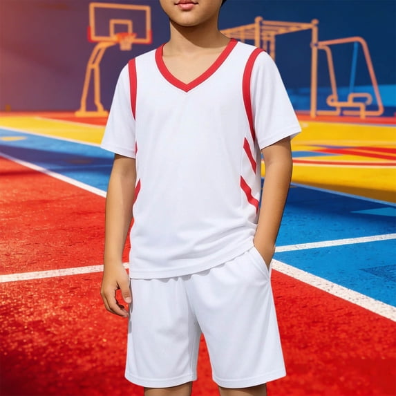 Ceisia Kids Basketball Uniform Set Mock Layer Jersey and Shorts with V Neck Trim Breathable Sportswear for Boys Youth White 5-6 Years Gifts for Father