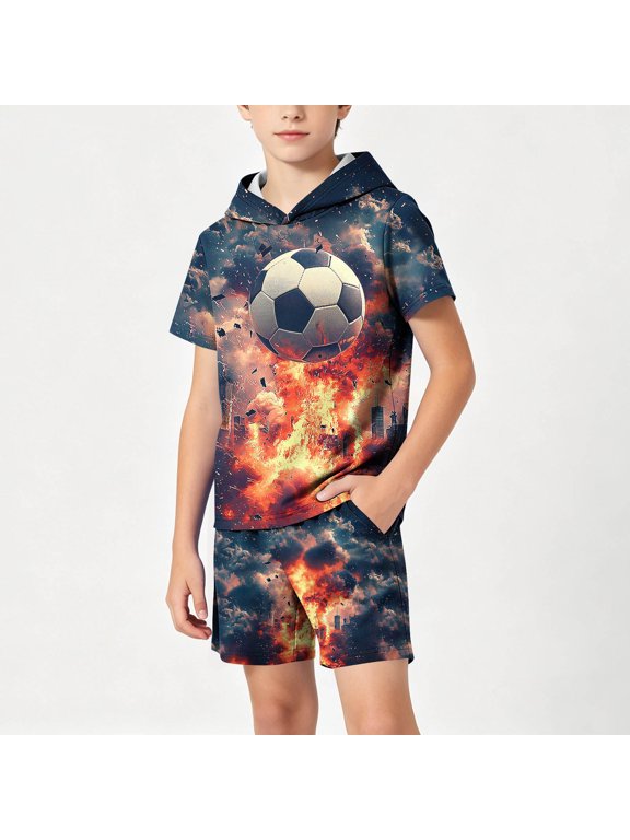 Kids' Explosion Soccer Print Hooded Short Sleeve T-Shirt and Shorts Set for Summer Casual Wear Gray 13-14 Years Gifts for Father