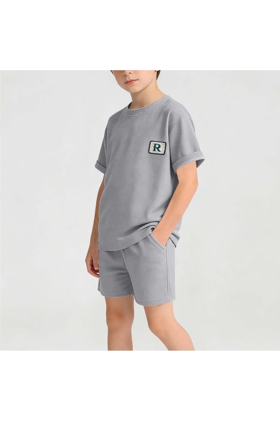 Kids' Textured Fabric T-Shirt and Shorts Two-Piece Set with "R" Logo Multi-Color Pack Gray 0-1 Years Gifts for Father