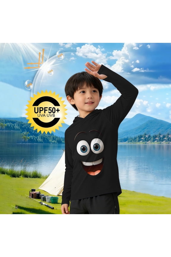 Kids' UPF50+ Sun Protection Long Sleeve Cartoon Face Print Hooded Shirt Assorted Colors for Outdoor Activities Black 120 Gifts for Father