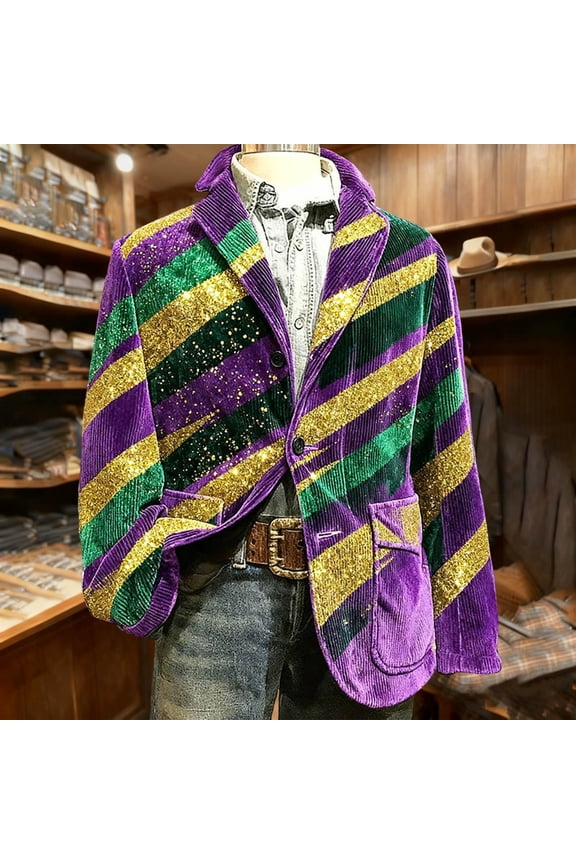 Mardi Gras Glitter Stripe Corduroy Blazer for Men, Relaxed Fit Festive Party Coat with Pockets Gifts