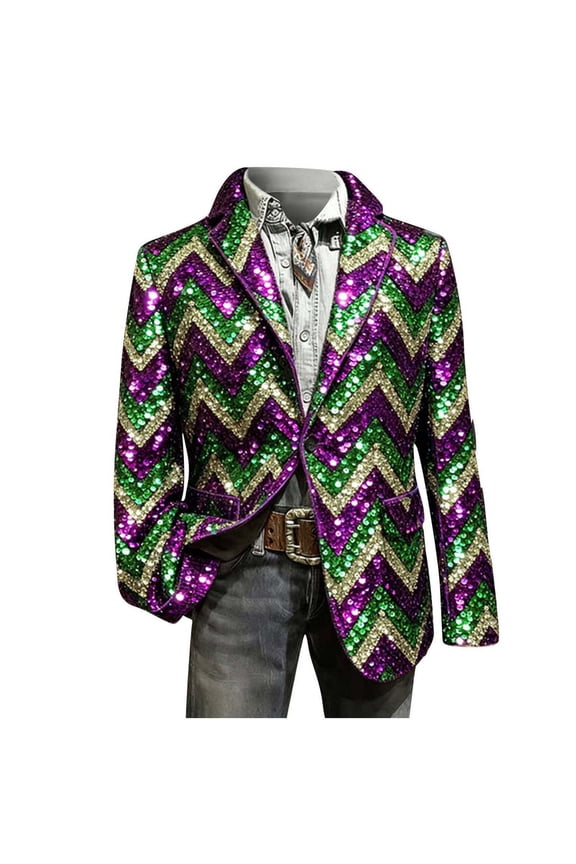 Mardi Gras Sequin Blazer Chevron Pattern Men's Regular Fit Party Jacket Long Sleeve Sparkly Multicolor XXXL Gift