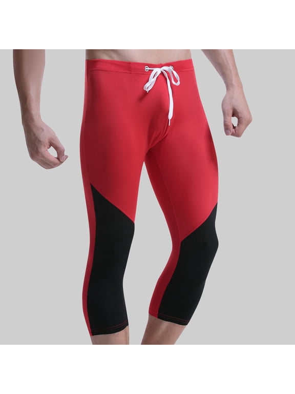 Men 3/4 Capri Compression Pants Color Block Drawstring Waist Tight Stretch Athletic Tights For Swimming Workout Training Red XL