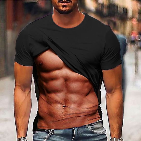 Ceisia Men 3D Fake Muscle T Shirt Short Sleeve Crew Neck Novelty Print Casual Regular Fit Soft Cotton Funny Prank Top Black L Gifts for Father