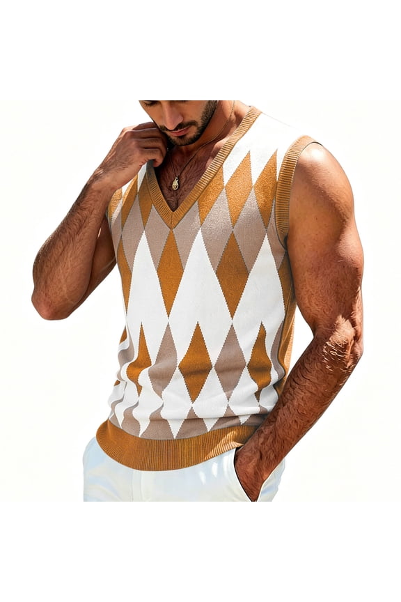 Men Argyle Plaid Pattern V Neck Sleeveless Knit Pullover Vest Yellow Free Size Gift