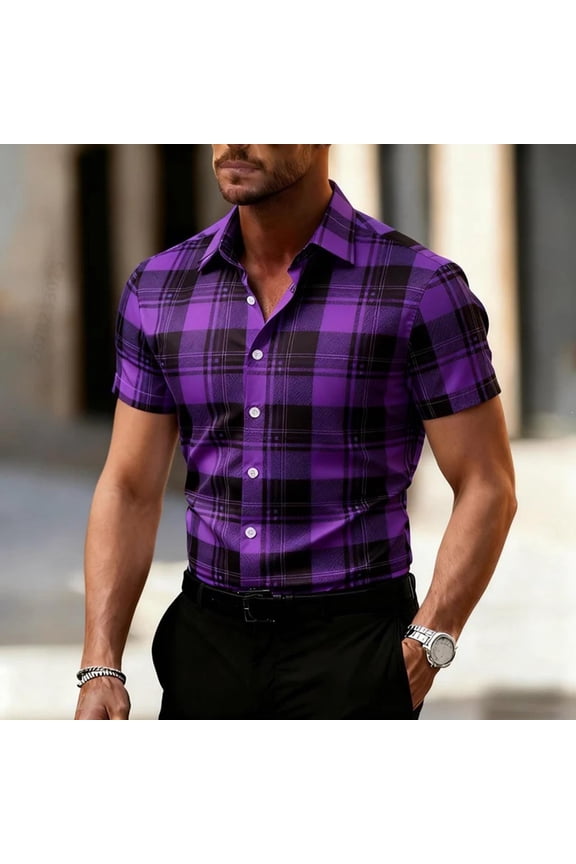 Men Blue Black Plaid Short Sleeve Shirt Lapel Collar Slim Fit Casual Daily Streetwear Button Down Tops Gifts for Father