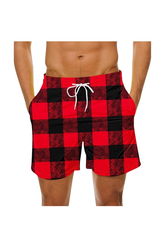 Men Buffalo Plaid Checkered Printed Beach Swim Trunks Quick Dry Breathable Drawstring Pocket Loose Fit Summer Vacation Board Shorts Gifts for Father