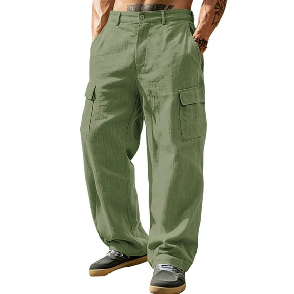 Ceisia Men Cargo Pants Linen Cotton Multi Pockets Straight Leg Loose Fit Casual Outdoor Daily Long Trousers Gift