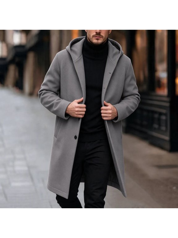 Men Casual Winter Solid Button Front Hooded Wool‑Blend Long Overcoat Outer Jacket With Side Pockets Gray L Gift