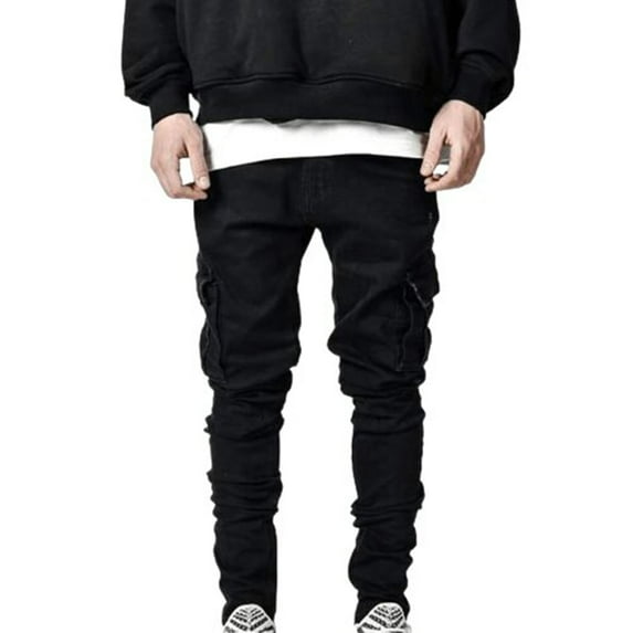 Ceisia Men Casual Zipper Pockets Slim Fit Skinny Jeans Stretch Denim Pants Trousers Black L Gifts for Father