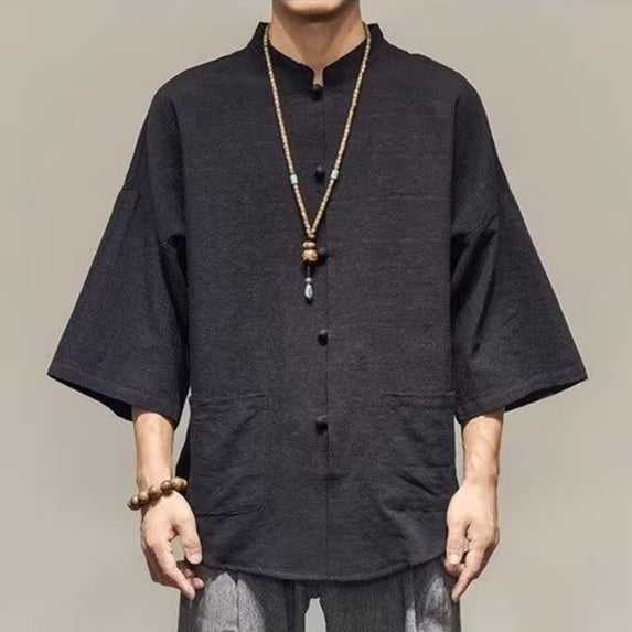 Ceisia Men Chinese Frog Button Linen Shirt Mandarin Collar Three Quarter Sleeve Casual Top Black L Gift