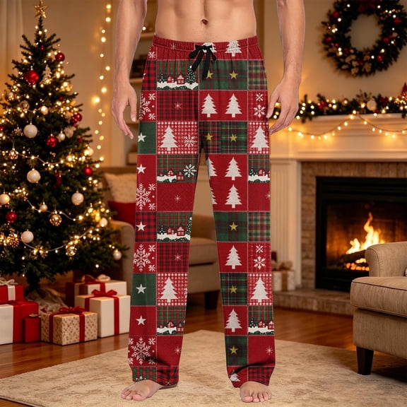 Ceisia Men Christmas Patchwork Tree Snowflake Print Pajama Pants Elastic Waist Drawstring Soft Loose Winter Holiday Lounge Trousers Multicolor XXL Gift