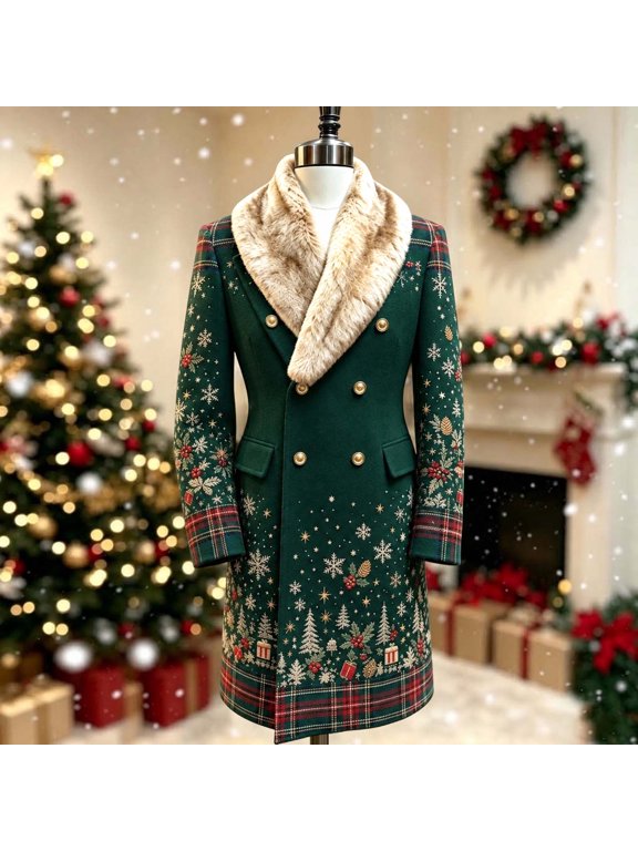 Men Christmas Snowflake Printed Wool Blend Mid‑Length Overcoat Faux Fur Shawl Collar Double Breasted Festive Outer Coat With Lining And Shoulder Pads For Holiday Party Multicolor S Gift
