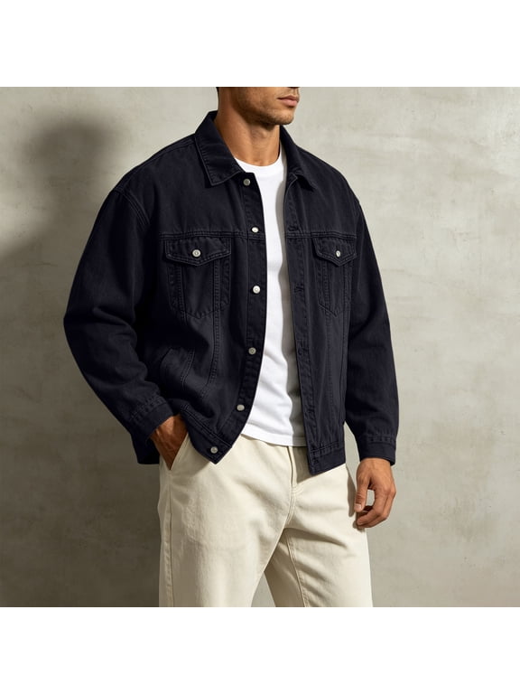 Men Classic Denim Trucker Jacket Button Front Chest Pockets Casual Long Sleeve Outerwear Black M Gift