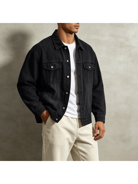 Men Classic Denim Trucker Jacket Button Front Chest Pockets Casual Long Sleeve Outerwear Dark Gray M Gift