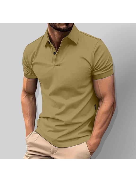 Men Collared Shirt Slim Fit Men Short Sleeve Collared Top Solid Color Breathable Soft Fabric Casual Daily Wear Khaki 3X Gift