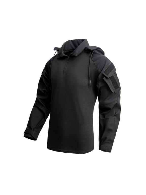 Men Color Block Tactical Long Sleeve Shirt Detachable Hood Multi Velcro Pocket Outdoor Combat Top (Black S) Father's Day Gift