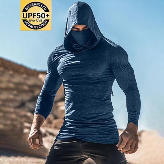 Ceisia Men Compression Hooded Long Sleeve Shirt With Face Cover Quick Dry Athletic Workout Running Top Navy XXL Gift
