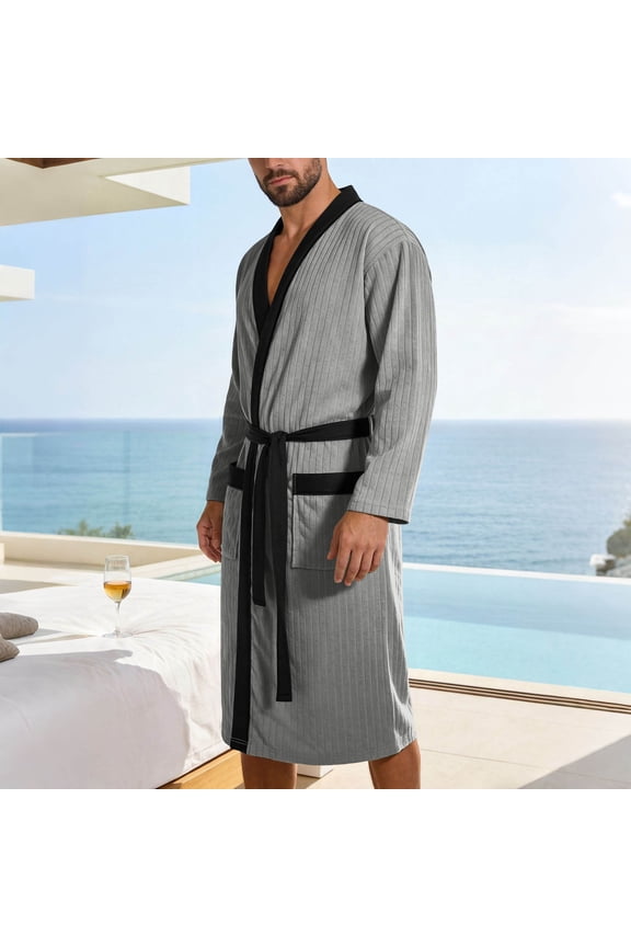 Men Contrast Collar Striped Bathrobe Long Sleeve Belt Waist Pocket Soft Warm Breathable Luxury Hotel Spa Home Shower Lounge Bath Robe Gifts for Father