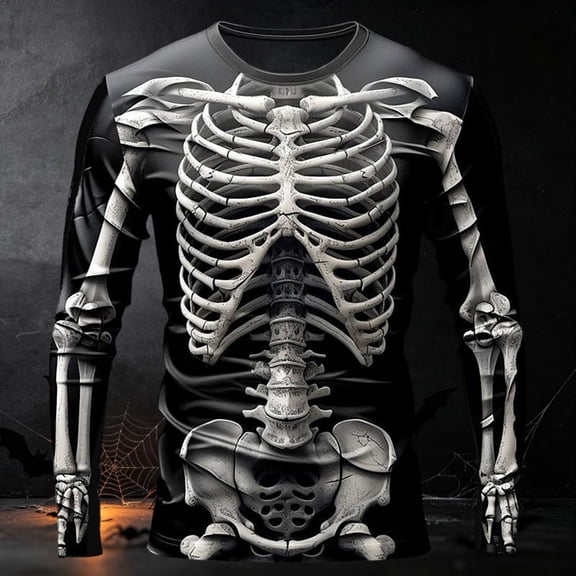 Ceisia Men Crew Neck Long Sleeve Graphic Print T Shirt Regular Fit Retro Skeleton Bone 3D Print Top For Halloween Theme Party Cosplay Costume Gift