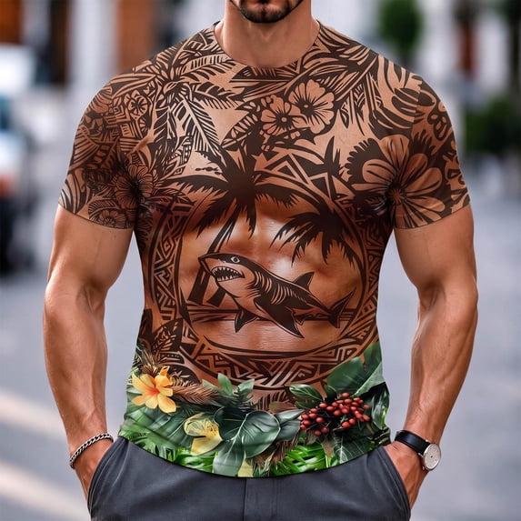 Ceisia Men Crew Neck Short Sleeve Graphic Print T Shirt Regular Fit Pullover Top Shark Palm Tree Tropical Floral Print For Beach Party Casual Wear Gift