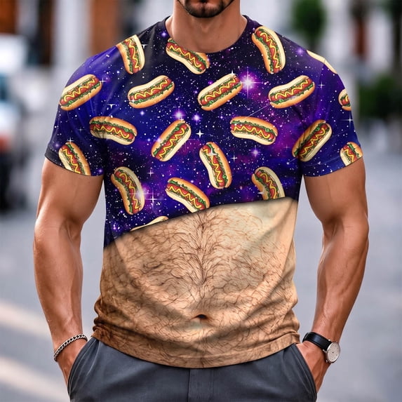 Ceisia Men Crew Neck Short Sleeve Graphic Print T Shirt Regular Fit Pullover Top Space Hot Dog Funny Fake Belly Print For Holiday Party Daily Wear Gift