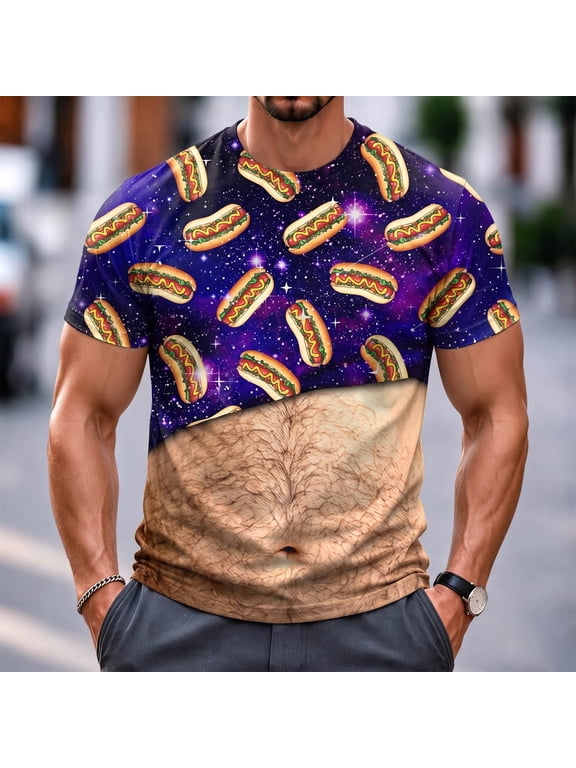 Men Crew Neck Short Sleeve Graphic Print T Shirt Regular Fit Pullover Top Space Hot Dog Funny Fake Belly Print For Holiday Party Daily Wear Gift