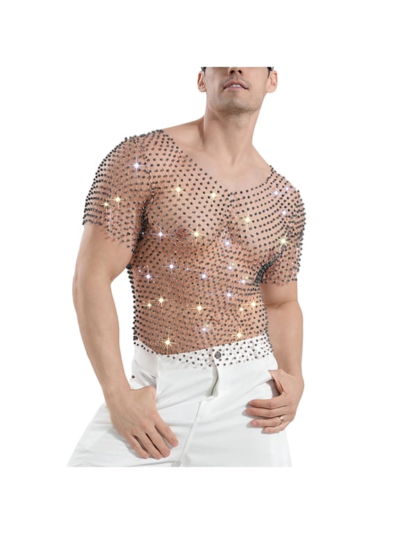 Men Diamond Rhinestone Fishnet Mesh Short Sleeve Top V Neck See Through Slim Fit Nightclub Party Stage Casual Outfit Black XL Gift