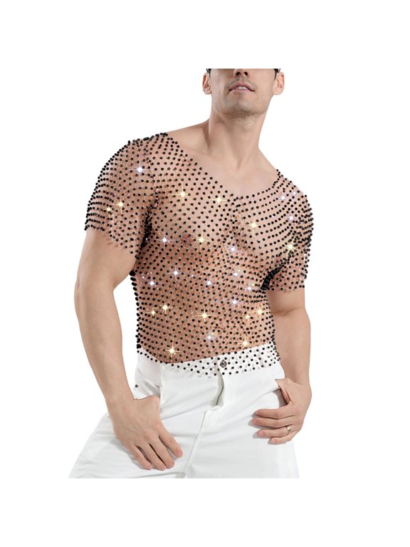 Men Diamond Rhinestone Fishnet Mesh Short Sleeve Top V Neck See Through Slim Fit Nightclub Party Stage Casual Outfit Multicolor M Gift