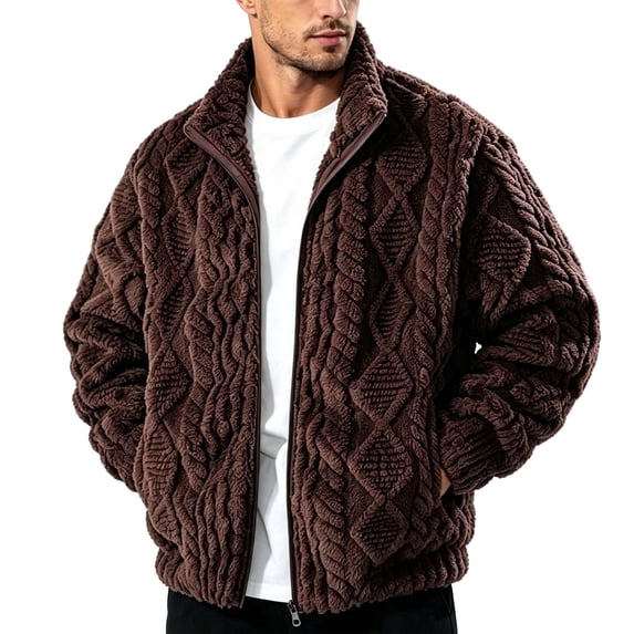 Ceisia Men Diamond Textured Fuzzy Fleece Full Zip Stand Collar Jacket Warm Long Sleeve Loose Outerwear Coat For Fall Winter Gift
