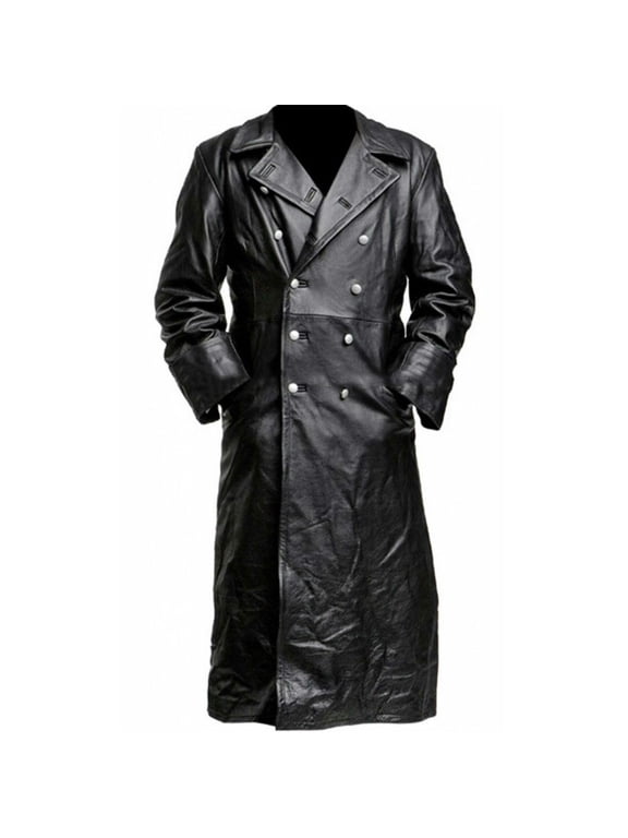 Men Double Breasted Long Leather Trench Coat Slim Fit Motorcycle Windproof Jacket For Autumn Winter (Black L) Father's Day Gift