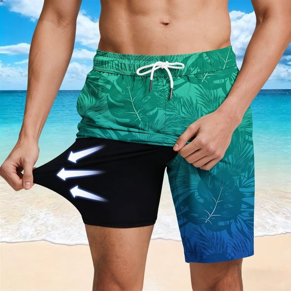 Ceisia Men Double Layer Lined Leaf Print Quick Dry Swim Trunks Drawstring Beach Board Shorts Mint Green XL Gift