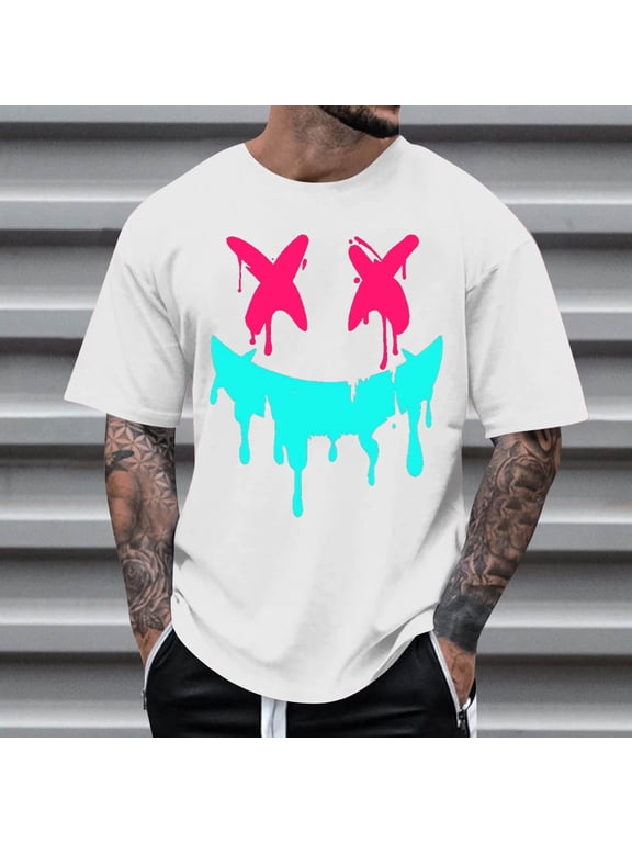 Men Dripping Neon Butterfly Smile Face Graphic Crew Neck Short Sleeve Summer Tee (White XXXL) Father's Day Gift