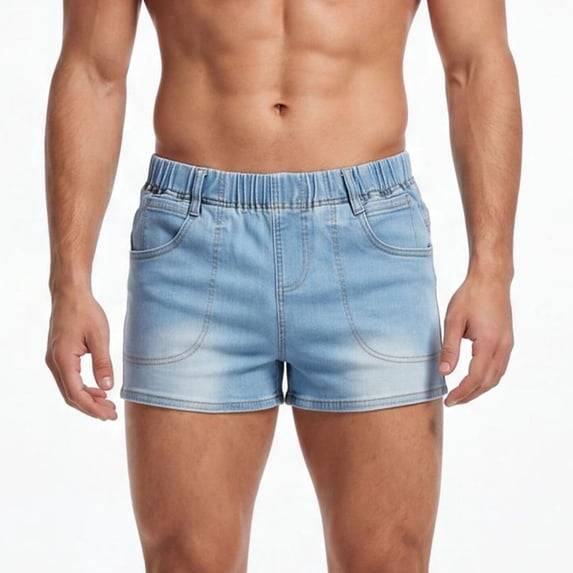 Ceisia Men Elastic Waist Light Wash Denim Shorts Pocket Design Casual Summer Short Jeans Light Blue L Gift