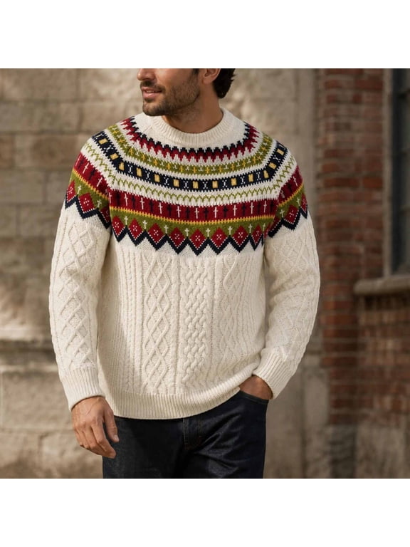 Men Fair Isle Cable Knit Crew Neck Sweater Long Sleeve Retro Geometric Pattern Warm Pullover Jumper For Fall Winter White S Gift