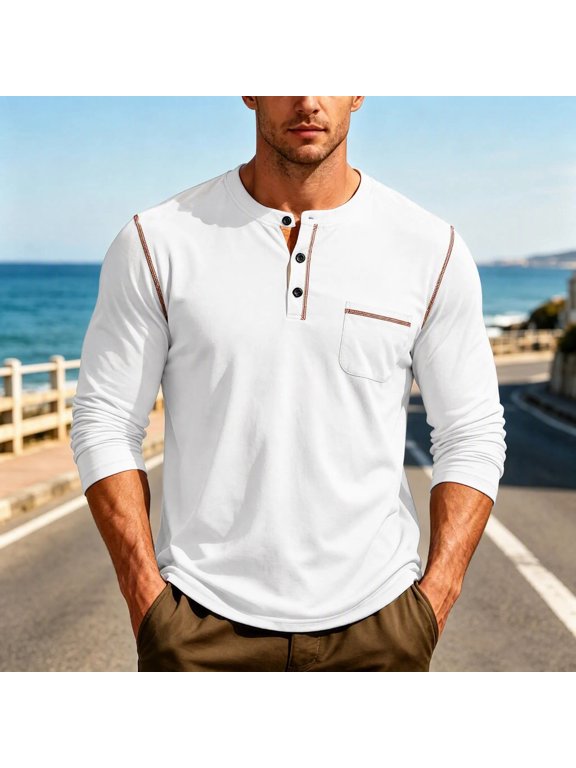 Men Fashion Casual Solid Crew Neck Button Placket Long Sleeve Henley Shirt Top White S Gift