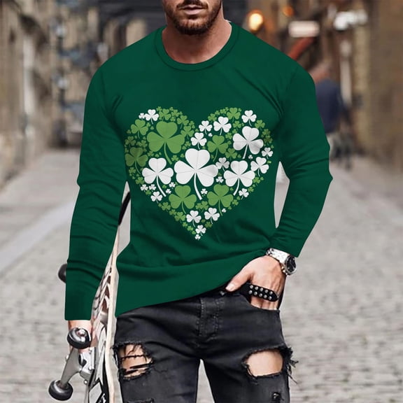 Ceisia Men Fashionable Casual Loose Elastic Long Sleeve Round Neck St Gift Patrick's Day Lucky Graphic Print T shirt for Daily Fit
