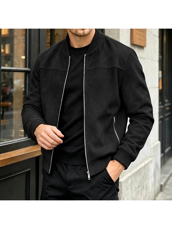Men Faux Suede Zip Up Bomber Jacket Long Sleeve Casual Baseball Collar Coat Black S Gift