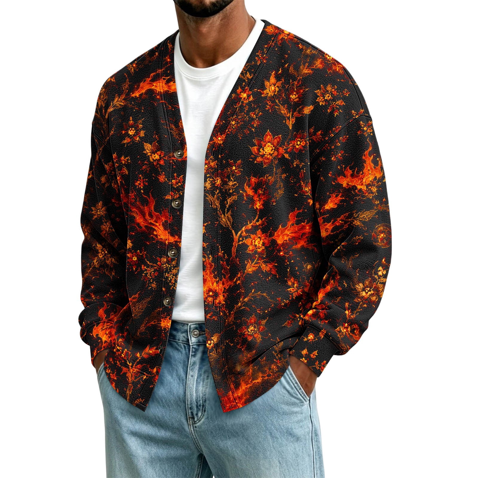 Ceisia Men Fiery Floral All‑Over Printed V‑Neck Button‑Front Loose Long ...